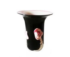 Jarron de cristal colorato, florero de vidrio soplado a boca en colour negro con decoracio exterior con los árboles y el sol en el color de rosa, blanco, en el interior rosa, blanco, altura aprox. 20 cm, diseñado y fabricado