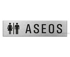 Ofform Placa de puerta l Señal acero inoxidable con texto l pictograma "Aseos" l 160x40 mm l No.27129