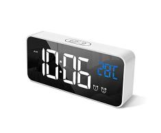 HOMVILLA Reloj Despertador Digital con Pantalla LED de Temperatura, Alarma de Espejo Portátil con Alarma Doble Tiempo de Repetición 4 Niveles de Brillo Regulable 13 Música Despertadores Digitales