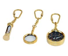 Safa Nautical - Juego de 3 lupas de latón con diseño Vintage, con brújula y Llavero de Reloj de Arena