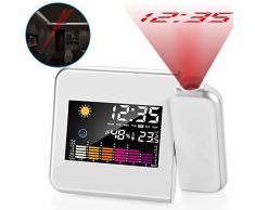 ASANMU Reloj de Proyección Digitales, Reloj Despertador Digital, Despertador Digital Proyector con Pantalla LCD/Carga USB/Meteorológica/Termómetro/Higrómetro/Snooze/12/24 Hora para Dormitorio (Blanco)