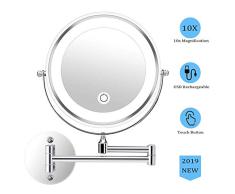 MRJ Espejo de Aumento de Pared 10X, Redondo de Pared Espejo de Baño Giratorio, Espejo de Maquillaje con luz LED, Extensible, Doble Cara giratoria de 360 °, 7 Pulgadas
