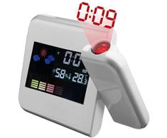 Kaever Proyector Reloj Despertador Reloj Digital con Luz de Fondo Ajustable en 180 Grados con Estación Meteorológica, Temperatura, Humedad, Siestecita (Blanco)
