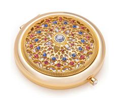 Jinvun Espejo de Aumento Galvanizado en Oro de 24 Quilates: Lujoso Espejo Para Maquillaje con Diamantes - Pequeño Espejo de Bolsillo Cosmético Compacto Para Viaje - Espejo Redondo Plegable de Belleza