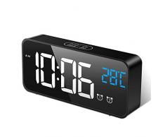 MOSUO Reloj Despertador Digital, LED Despertadores Electrónicos Espejo con Temperatura y 2 Alarma, Snooze, Sonido y Brillos Regulable, Carga USB para Dormitorio, Oficina, Negro