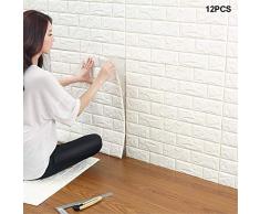 WANWEITONG 3D Papel Tapiz de Ladrillo, Auto Adhesivo Pegatinas de Pared de Ladrillo de Imitación, DIY Wall Stickers Moderno Decorativo para Hogar Cocina Salón Moderna TV Decor (12 Piezas, Blanco)