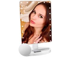 NEWSUMIT Espejo Maquillaje con luz 24 led - Espejo de Mesa con Organizador - Dimmer táctil - Aumentos 1X,10X- Espejo Cosmético Portable - Carga USB o Batería - 360º (Blanco)