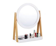 Relaxdays Espejo Maquillaje Giratorio con Bandeja, Bambú-DM-Cristal, Blanco-Marrón, 32,5 cm de diámetro