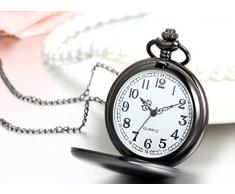 Jewelrywe Reloj de bolsillo Negro Pulido de Cazador, Cadena larga de 81cm, Estilo sencillo elegante, Unisex