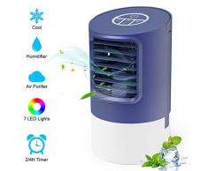 TedGem Ventilador Aire Acondicionado Portatil, Aire Acondicionado Pequeño Air Cooler, 4 en 1 Enfriador de Aire, Ventilador Humidificador, 7 Luces LED, 3 Velocidades, para el Hogar y la Oficina (Azul)
