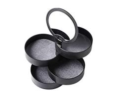Queta Caja Joyero, Joyero con Espejo Giratorio, Organizador de Almacenamiento de Joyas, 4 Cajas de Maquillaje para Anillos, Aretesanías, Collar, Pulsera y Cosméticos, Redonda (Negro)