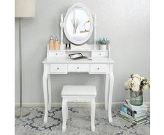 SONGMICS Blanco Tocador Mesa de Maquillaje Belleza 5 Cajones Espejo Giratorio Taburete Acolchado RDT15W