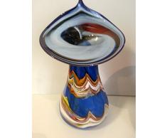 Jarrón grande abombado de cristal coloreado, florero de vidrio soplado a boca con adornos de cristal coloreado, con adornos de cristal coloreado en colour azul. beige blanco de mármol altura aprox. 30 - 33 cm, disenado y fabricado