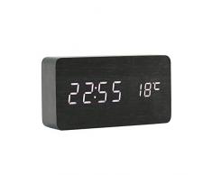 ThreeH Despertador Reloj de Escritorio Pantalla LED Reloj de Alarma de Madera Despertador Reloj con Ajuste Automático de Brillo para Oficina Dormitorio AC11Black_White