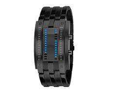 Reloj de pulsera para hombre, binario, a prueba de golpes, militar, correa de acero inoxidable, con 28 luces LED para la fecha y la hora, Men Black
