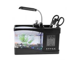 Garosa Tanque de Peces de Acuario Multifuncional USB Recargable Pequeño Cuenco de Pescado con Función de Reloj LED Encierro de Pluma(Black)