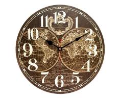 ufengke Reloj de Pared Madera Vintage Silencioso Reloj Quartz Rustico Mapa del Mundo Marrón Pare Salon Comedor 30cm
