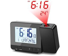 Deofde Despertador Proyector, Reloj Despertador Digital con Pantalla LCD Grande, Reloj Proyección Digital con Alarmas Dobles, Reloj Mesita de Noche, Reloj Proyector Techo, Termómetro Interior