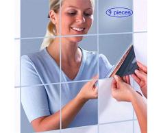 MUCHEN SHOP Espejo Pegatinas Cuadrado,9 Pack Arte Pegatinas Espejos Adhesivos Decorativos con un Espejo Láminas Flexibles con Efecto para Baño Mural Pared de Fondo el Plastico 15 * 15cm