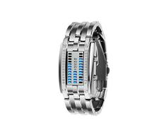 FeiWen Binario Relojes Digitales de Hombre y Mujer Rectangular Acero Inoxidable del Bisel Azul LED Luminosidad Fashion Unico Casual Calendario Reloj de Pulsera, Plateado (Mujer)