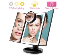 FASCINATE Espejo Maquillaje con Luz 3 Modos Iluminación Colores,72 Leds Tríptica Aumentos 3X, 2X,1x Magnetismo Extraíble Espejo 10X Rotación 180° Espejo de Maquillaje Carga con USB o Batería (Negro)