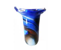 Jarrón de cristal soblado con la boca, moderno Florero decorativo de cristal vidrio coloreado, en tonos azul, blanco, beige de mármol, altura circa 20 cm, diseñado y fabricado por la Oberstdorfer Glashütte