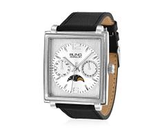 Bling Jewelry Fashion Cuadrado Marcado Estilo Cronógrafo con Fase Lunar Reloj Pulsera para Hombres Banda Cuero Negro Acero Tono Plata