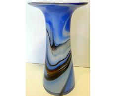 Jarron de cristal coloreado, grande florero de vidrio soplado a boca en tonos azul, beige, blanco de marmol, para las flores de tallo largo, altura circa 29 cm, diseñado y fabricado por la Oberstdorfer Glashütte