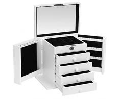SONGMICS Caja para Joyas de Madera, Caja Joyero con Cerradura, con Tapa de Espejo, Ganchos para Collares, 4 Cajones para Collares, Anillos, Pendientes, Regalo para los Seres Queridos, JBC52WV1