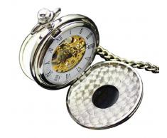 Infinite U Esqueleto Números Romanos Acero Grande Dobles Tapas Reloj de Bolsillo Mecánico Collar Plateado