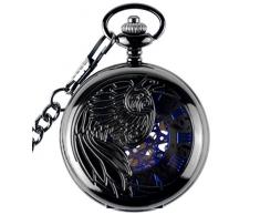 Infinito U- Reloj de Bolsillo Hombre con Cadena Esqueleto Mecánico Steampunk Negro Números Romanos Collar Colgante de Acero