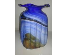 grande jarrón de cristal coloreado, florero de vidrio soplado a boca en tonos azul, beige, blanco de marmol, forma quadrada, con ranuras ópticas y borde curvado altura 20 cm disenado y fabricado por Oberstdorfer Glashütte