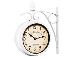 Deuba Reloj de Pared Estación de Tren Blanco Estilo Vintage Doble Esfera - Hierro Forjado para Interior y terraza