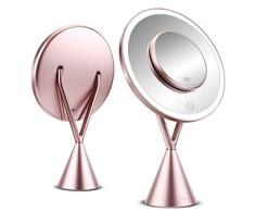 Espejo de Maquillaje, Morpilot Espejo de Aumento 1x/5x con Luz LED de Pantalla Táctil y Carga USB, con Diseño de Tres Modos de Luz Ajustable - Soporte Ajustable de 45 Grados -Oro Rosa 210 * 90 * 342mm