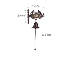 Relaxdays - Campana para Puerta Puerta de Hierro Fundido Welcome, Estilo Antiguo, Letras de Oro, Cartel con pájaros, casa & Jardín, Color marrón Oscuro Hierro, Color marrón