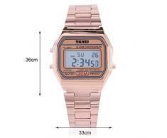 Reloj Electrónico 3 Colores Reloj Digital LED Correa de Acero Inoxidable Esfera Rectangular(Oro Rosa)