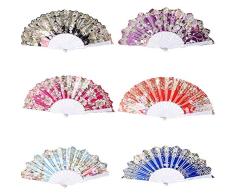 LWZko 6 Piezas Abanicos de Mano Boda, Fans de Tela de Seda, Flor Impresos abanicos de Mano, Vintage Retro Ventilador de Mano Plegable para Fiesta, Boda, Regalos, decoración de Pared (6 Estilos)