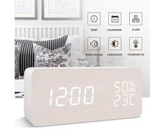 FONCBIEN Reloj Despertador Digital, Indicador De Temperatura De La Fecha Pantalla Led Reloj De Madera, Control De Voz De Brillo De 3 Niveles, 3 Configuraciones De Alarma