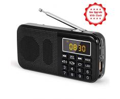J-725C Radio FM portátil pequeña, radio de batería recargable digital con reloj despertador, linterna LED, tiempo de reproducción ultralargo, reproductor de MP3 AUX Micro-SD Pendrive, de PRUNUS(Negra)