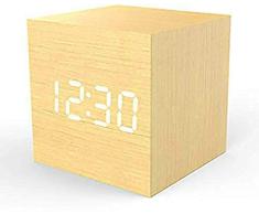Kaever Reloj Despertador Digital Multifunción De Madera con Pantalla, Fecha Y Temperatura (Cuadrado) (Color de bambú)