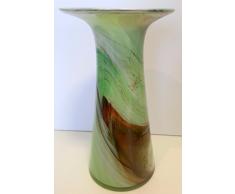 Jarron de crital coloreado, grande florero de vidrio soplado a boca en tonos verde, beige, blanco de marmol, para las flores de tallo largo, altura circa 29 cm, diseñado y fabricado por la Oberstdorfer Glashütte