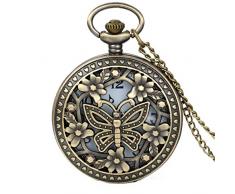 JewelryWe Colgante Collar de Reloj de Bolsillo Redondo Cuarzo Fantasía Flor Mariposa y corazón Amor aleación de Color Cobre para Hombre y Mujer con Bolsa Regalo