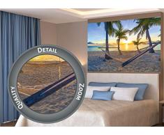 GREAT ART XXL Póster – Hamaca es Playa de Palmeras Antes del Atardecer – Mural Sol Caribe Vacaciones Verano Playa Mar Palma Arboles Cartel De La Foto Y Decoración 140 x 100 cm