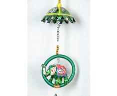 Indian para colgar en puerta étnico Kalamkari pintadas a mano elefantes juntos en una pulsera de cuerda con chhatri juntos de cuerda con cuentas y campana de latón