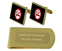 Señales de prohibido fumar tono Oro gemelos Money Clip grabado Set de regalo