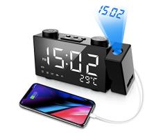 ORSERA Despertador Proyector,Radio Reloj FM, 6 LED Pantalla Grande,Proyector Giratorio de 180°,Dobles Alarmas,con Puerto de Carga USB,12/24 Horas,Temperatura,Humedad hogar,Cocina,Dormitorio