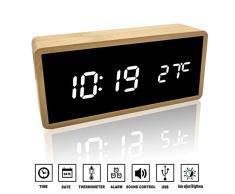 Alfheim Reloj Despertador Digital de Madera de bambú LED Light 12/24Hr - Espejo de Escritorio Pantalla HD Reloj con Control de Voz/Temperatura - USB y Alimentado por batería