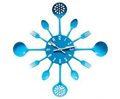 [Cubertería Reloj de Pared ] Cuchara y Horquilla Cocina Reloj de Pared Silencioso Diámetro 32 cm con Números Arábigos Diseño para Decoración Hogar Salón Dormitorio Oficina (Azul), azul, 14.2*13*2.2inch