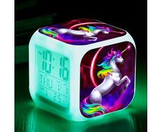 Unicornio Relojes de alarma digitales para niñas, LED de noche que brilla intensamente Reloj LCD con luz para niños Despertar Reloj de cabecera Regalos de cumpleaños para niños Mujeres Dormitorio (4)