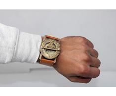 Buddha4all - Brújula de latón antiguo y reloj de sol con correa de cuero